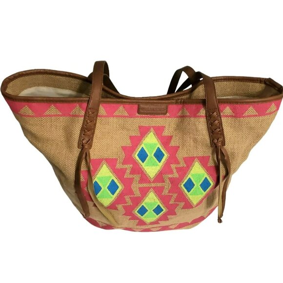 Billabong Boho Tote Beach Bag Southwest Purse Aztec Burlap Lined Hobo Tan Pink - Picture 5 of 16
